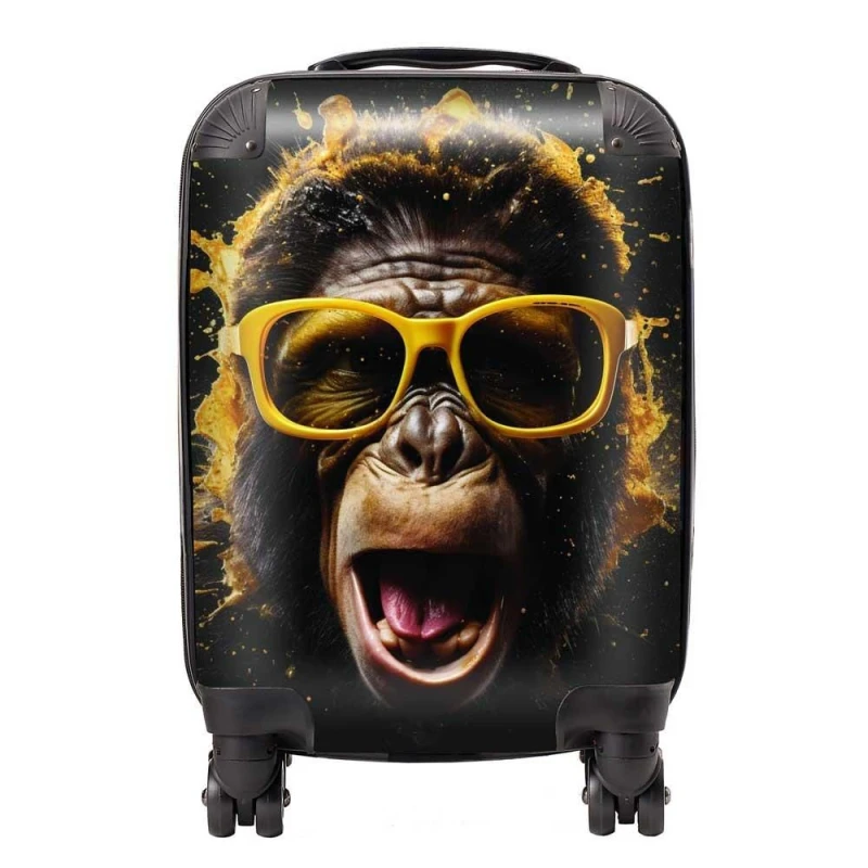 Image of Warren Reed - Designer Splashart Monkey Face With Yellow Glasses Suitcase in Orange Size: Large Orange Unisex Large