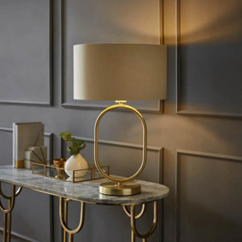 Image of Valuelights Antonia Beige With Metallic Gold Inner Drum Shade Brushed Gold Oval Table Lamp