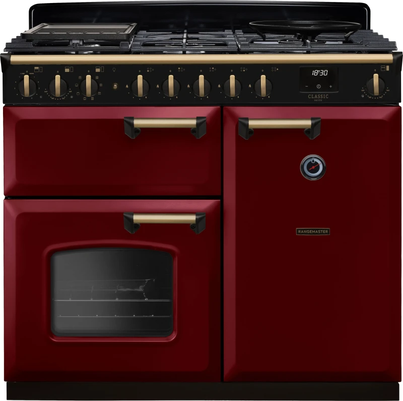 Image of Rangemaster Classic Deluxe 100 Dual Fuel CLDL100DFPBOR/AB1 100cm wide Dual Fuel Range Cooker with Gas Hob - Bordeaux / Antique Brass - A Rated
