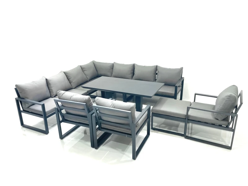 Image of Fimous 11 Seater Outdoor Aluminum Garden Furniture Set Corner Sofa Big Footstool 3 Chairs Adjustable Rising Lifting Dining Table Sets Dark Grey Dark G