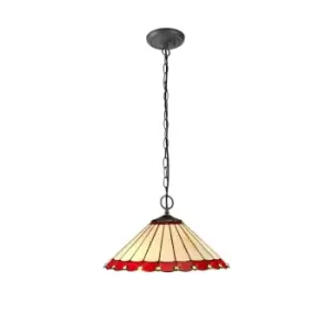 Image of 2 Light Downlighter Ceiling Pendant E27 With 40cm Tiffany Shade, Red, Crystal, Aged Antique Brass