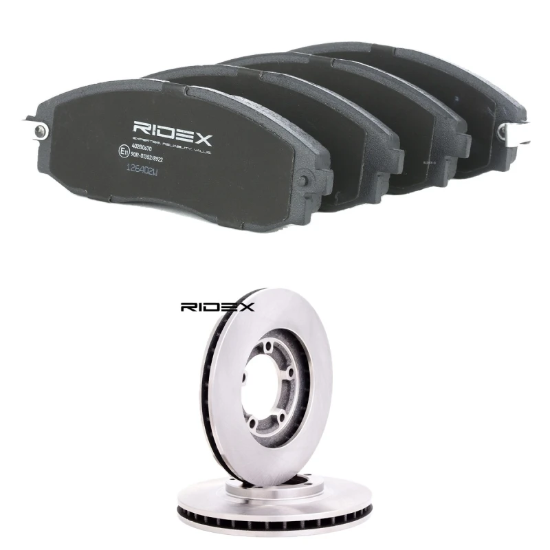 Image of RIDEX 3405B2507 Brake disc and pads set Front Axle, Brake Disc Type: internally vented, with acoustic wear warning Brake Set,disc brakes (3405)