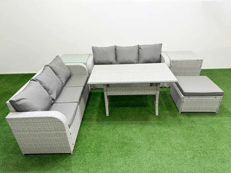 Image of Fimous Outdoor Garden Furniture Sets 7 Seater Wicker Rattan Furniture Sofa Sets with Rectangular Dining Table high Back Lounge Sofa Big Footstool 2 Si