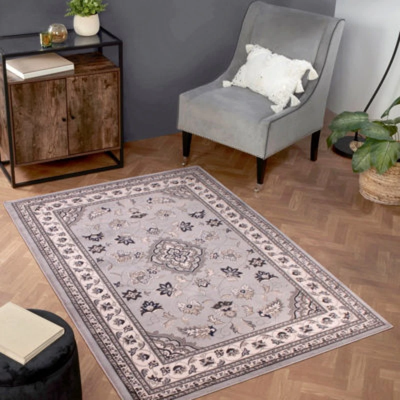 Image of Grey Traditional Bordered Floral Rug Easy To Clean Dining Room-160Cm X 230Cm