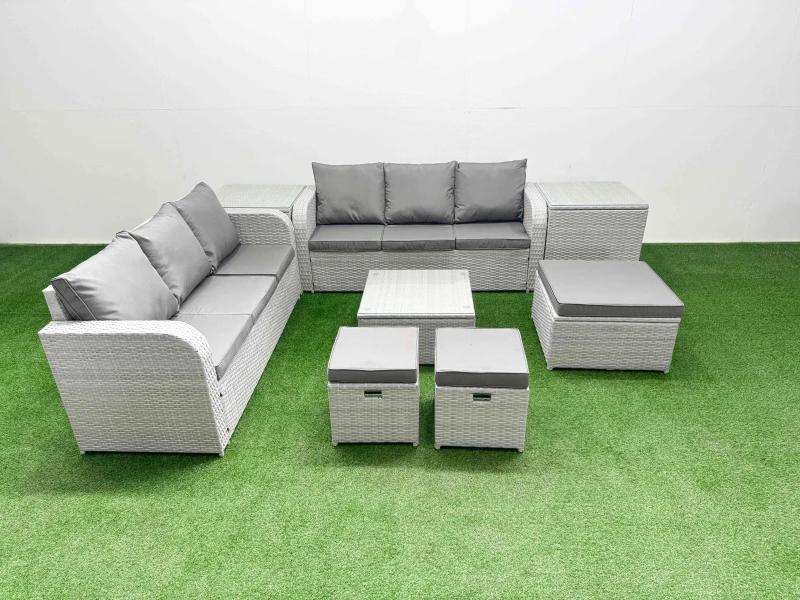 Image of Fimous Outdoor Garden Furniture Sets 9 Seater Wicker Rattan Furniture Sofa Sets with Square Coffee Table high Back Lounge Sofa 3 Stools 2 Side Table L