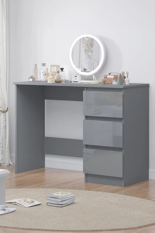 Image of FWStyle High Gloss Grey Dressing Table Desk With 3 Large Drawers Grey