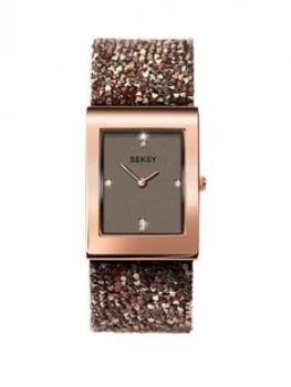 Seksy Seksy Rocks Grey And Rose Gold Crystal Set Rectangular Dial Caramel Rocks Strap Ladies Watch