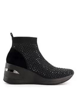 image of Dune London Envy Embellished Knitted Wedge Trainer - Black, Size 5, Women