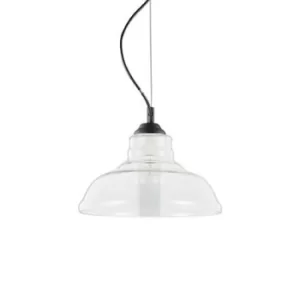 image of Bistro 1 Light Dome Ceiling Pendant Black Clear Blown Glass Plate, E27