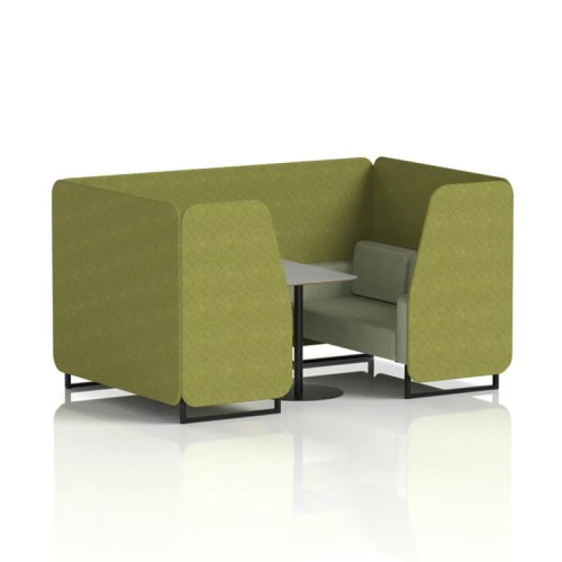 Image of Brixworth 4 Seater Office Booth with Front Panel - Black Legs and Grey Table with Black Leg in Rivet Fabric - Olive Panels and Burnish Sofa