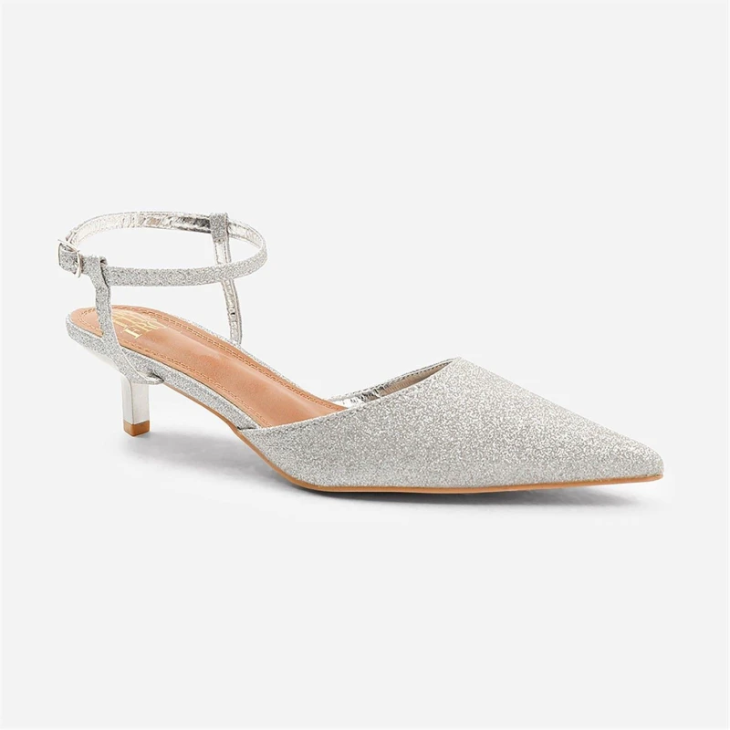 Image of Where's That From 'Greece' Low Kitten Heels Pointed Toe Ankle Strap Silver