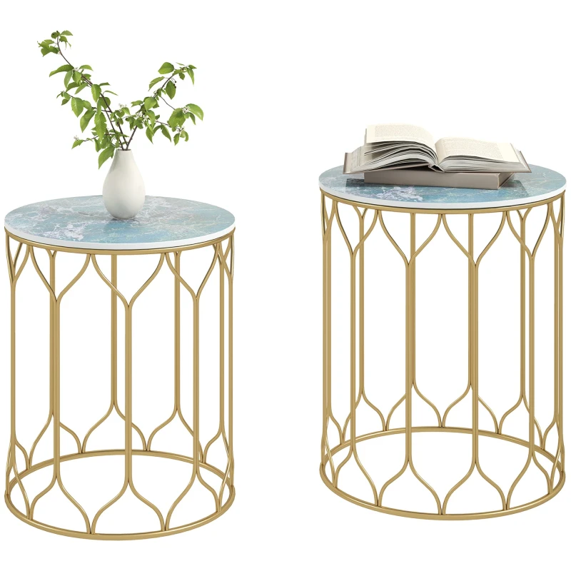 Image of Outsunny Nesting Small Garden Table Set of 2 with Marble Effect Top, Multi Light Green