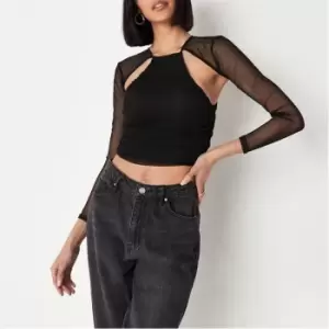 image of Missguided Cut Out Mesh Ruched Top - Black