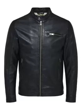 image of SELECTED Zip Leather Jacket Men Black