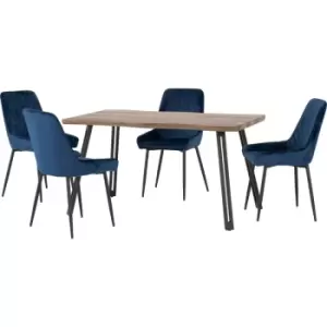 Image of Quebec Wave Edge Dining Table + 4 Avery Chairs Set - Oak Effect & Blue Velvet