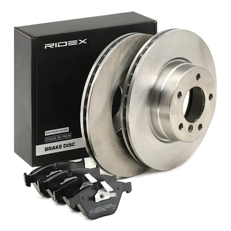 Image of RIDEX 3405B1477 Brake disc and pads set Front Axle, Brake Disc Type: internally vented, with anti-squeak plate Brake Set,disc brakes (3405)