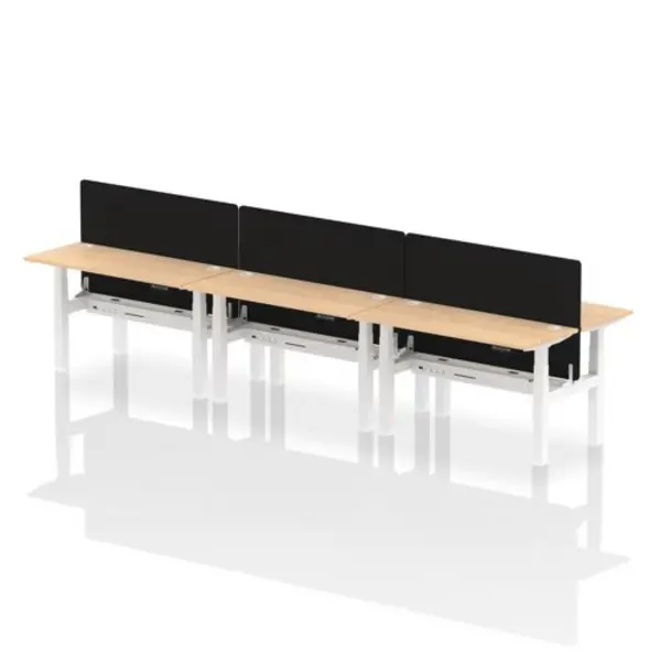 Image of Air Air Back-to-Back 1400 x 600mm Height Adjustable 6 Person Bench Desk Maple Top with Cable Ports White Frame with Black Straight Screen HASCP6P1460