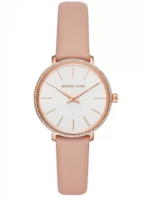 Image of Michael Kors Ladies Pyper Rose Gold Plated White Dial Pink Leather...