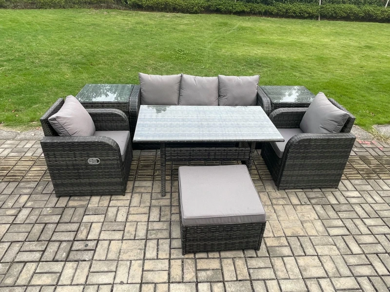 Image of Fimous Wicker PE Rattan Garden Furniture Set Outdoor Rectangular Dining Table & Chair Sofa Set With Side Tables Big Footstool in Dark Grey Dark Grey U