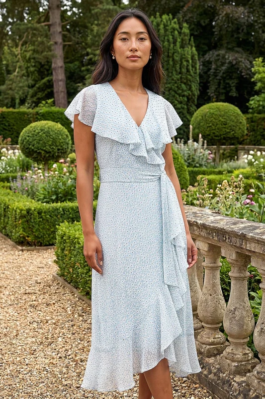 Image of Roman Womens Petite Ditsy Floral Frill Midi Dress in Blue Size: 12 Blue Female 12