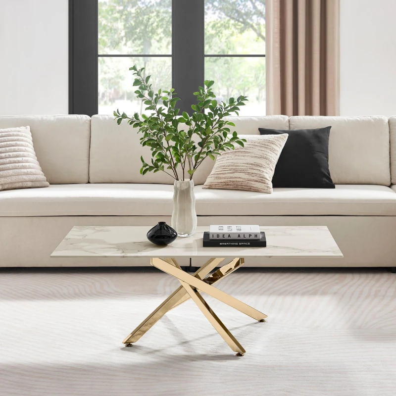 Image of FurnitureboxUK FurnitureboxUK Leonardo Rectangular Marble Effect Glass Top Coffee Table With Gold Metal Starburst Legs in White White One Size Unisex