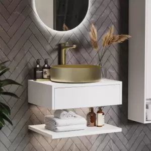 image of 600mm White Wall Hung Countertop Vanity Unit with Brass Basin and Shelf - Lugo