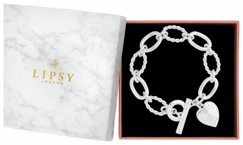Image of Lipsy Lipsy Silver Plated Textured Heart Charm T-Bar Bracelet