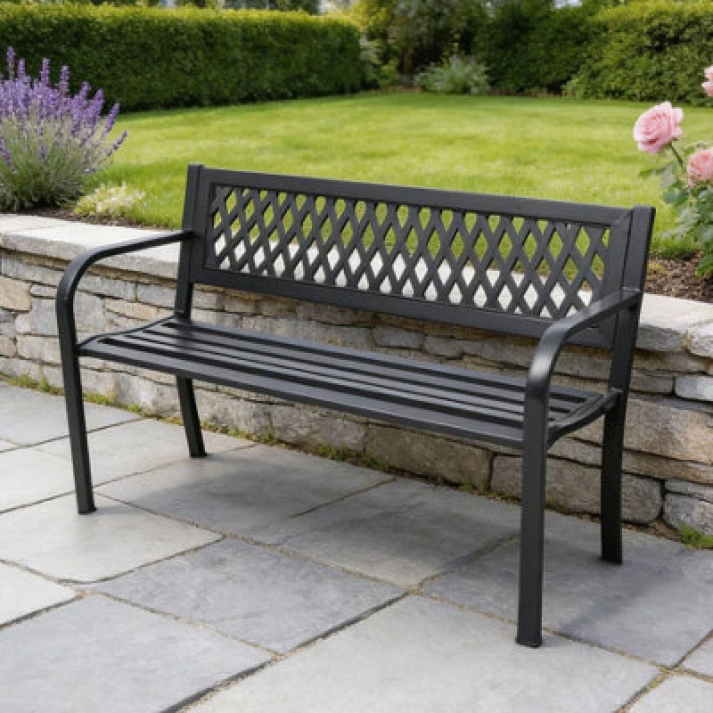Image of Home Source Black Metal Garden Bench Outdoor Seating with Lattice Backrest Black Unisex
