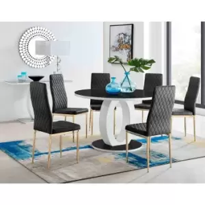 Image of Furniture Box Giovani Round Black Large 120Cm Table and 6 Black Velvet Milan Gold Leg Chairs