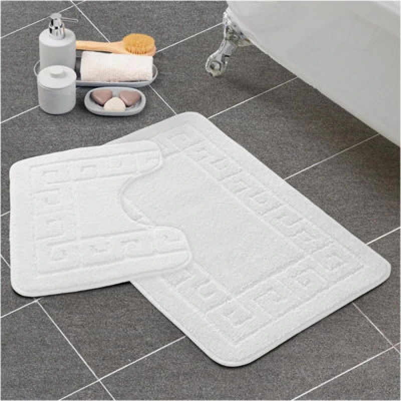 Image of Gc Gaveno Cavailia Grecian Grace 2 Piece Non Slip Bath Mat Set White Quick Dry Water Absorbent Bathroom Shower Mat & Pedestal Set