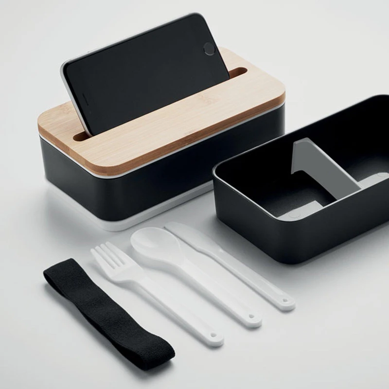 Image of Treat Republic Black Two Tier Lunch Box with Bamboo Lid Black unisex Standard