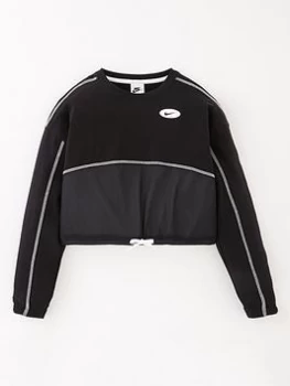 Image of Nike Older Girls NSW Crop Jersey Crew Neck Sweatshirt - Black/White, Size L=12-13 Years, Women