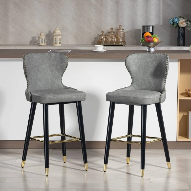 Image of HOMCOM Bar Stools Set of 2, Dining Stools with Backrest, Footrest in Grey Grey Unisex