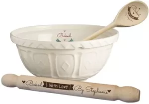 image of Personalised Baked With Love Baking Set Bowl Spoon And Rolling Pin