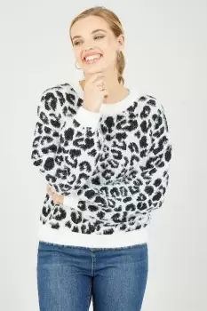 Image of White Leopard Knitted Fluffy Jumper
