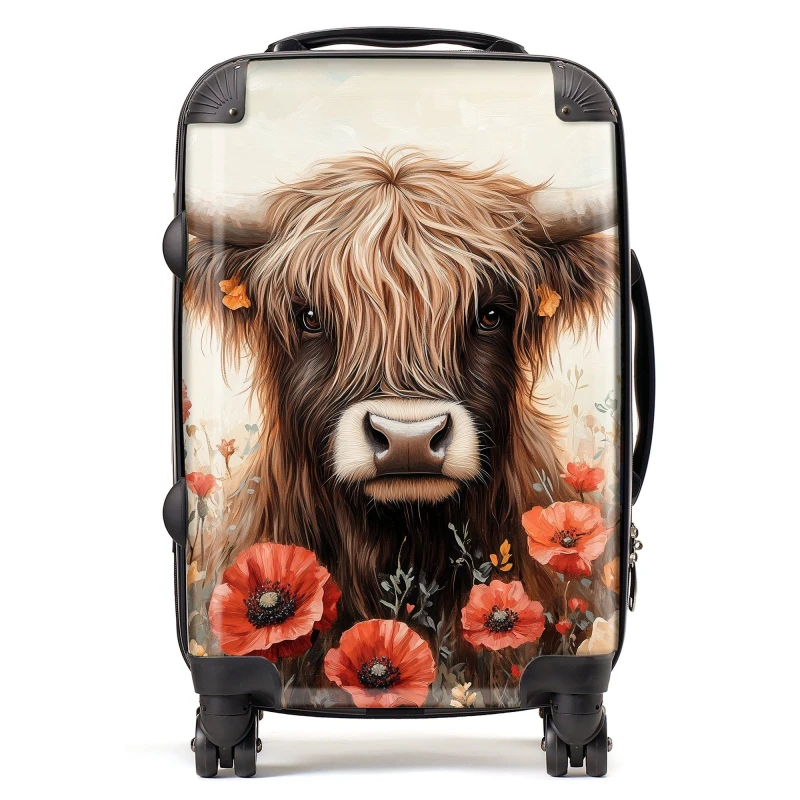Image of Warren Reed - Designer Highland Cow & Summer Flowers Suitcase Size: Cabin Multicolor Unisex Cabin