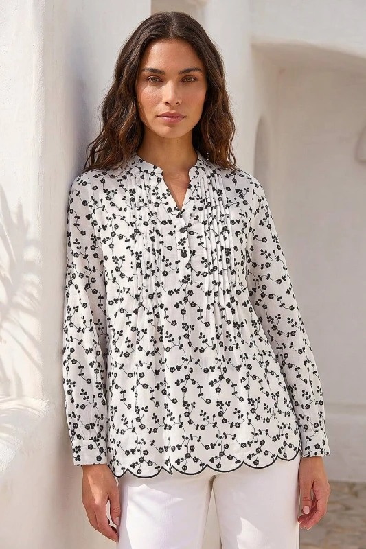 Image of Roman Womens Floral Embroidered Pintuck Top in Ivory Size: 16 Ivory Female 16