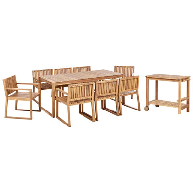 Image of Beliani Garden Dining Set With Trolley 8 Seater Sassari Ii Certified Acacia Wood Light Brown
