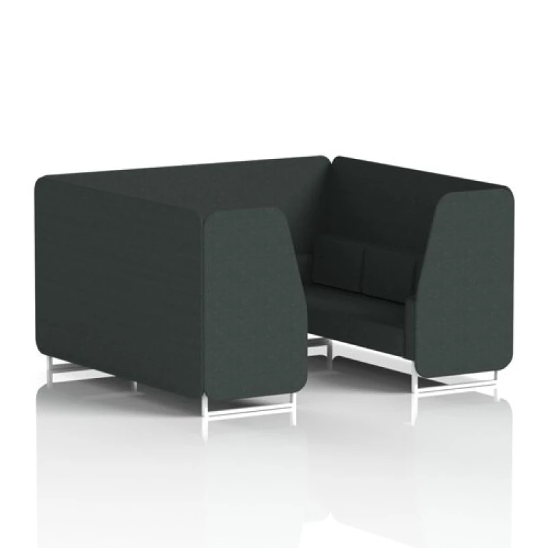 Image of Brixworth 6 Seater Office Booth with Front Panel - White Legs in Rivet Fabric - Charcoal Panels and Sofa