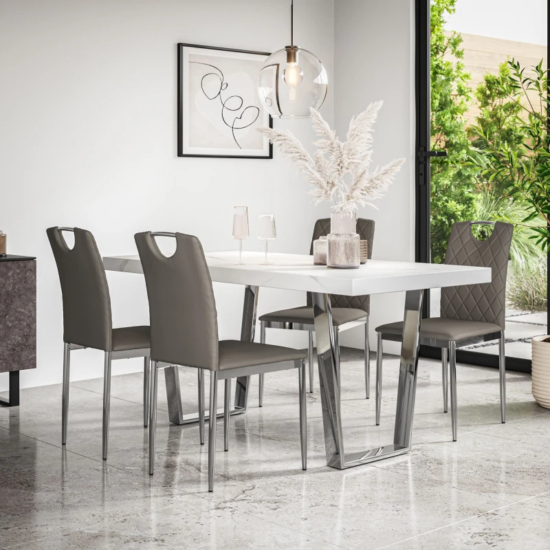 Image of More4Homes Aria Dining Table And Chairs - White Marble Effect Top W Chrome Legs + 6 Monza Faux Leather Dining Chairs W Chrome Legs (Grey)