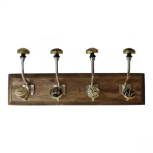 4 Double Ceramic Gold & Black Coat Hooks On Wooden Base