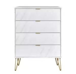 image of Hirato Ready Assembled 4 Drawer Chest Marble Gold Metal Hairpin Legs