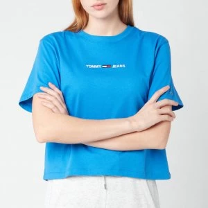 Image of Tommy Jeans Womens TJW Bxy Crop Linear Logo T-Shirt - Gulf Coast Blue - M