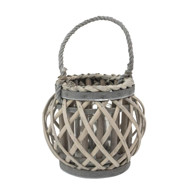 Image of JVL Luna Natural Round Willow Wood Lantern With Br Grey unisex Single