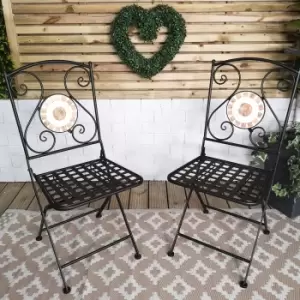 image of Set of 2 Outdoor Black Mosaic Metal Bistro Chairs for Garden Patio Balcony