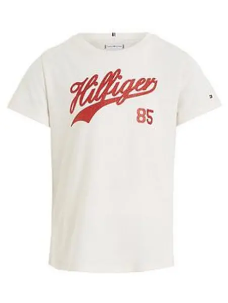 Image of Tommy Hilfiger Girls Hilfiger Script Short Sleeve T-Shirt - Calico, Cream, Size Age: 10 Years, Women Cream VMN75 Female age: 10 YEARS