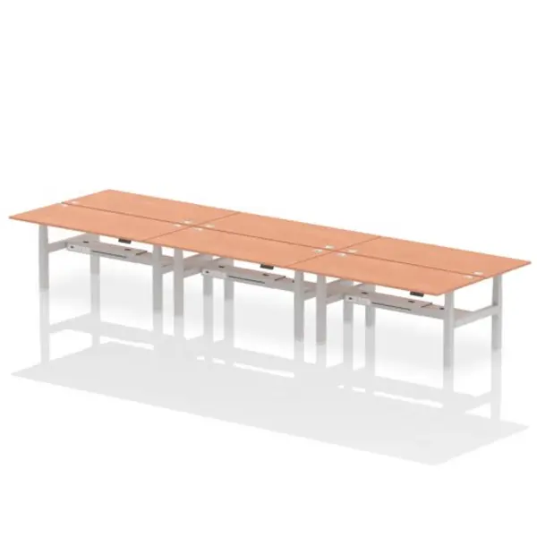 Image of Air Air Back-to-Back 1800 x 800mm Height Adjustable 6 Person Bench Desk Beech Top with Cable Ports Silver Frame HASCP6P18800BCHS