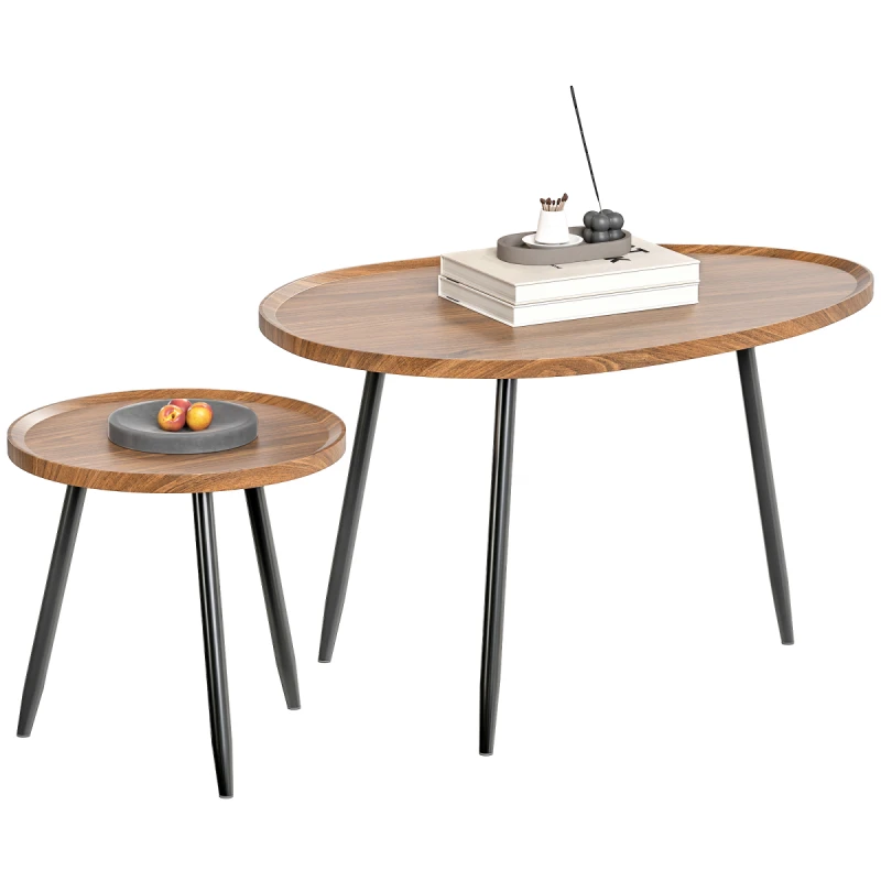 Image of HOMCOM HOMCOM 2 80cm Sofa Side Table Set of 2 with Metal Legs, Chestnut Wood Effect in Brown Brown One Size Unisex 5063603665965