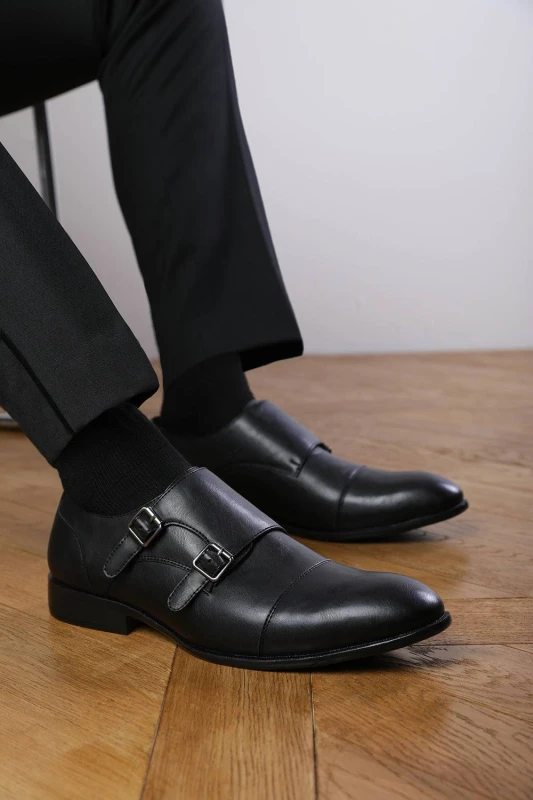 Image of Where's That From Mens 'Nick' Formal Keith Buckle Twin Monk Shoes in Black Size: 8 Black Male 8