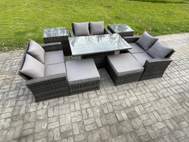 Image of Fimous Wicker Rattan Garden Furniture Set Height Adjustable Rising Lifting Table Sofa Dining Set with Double Seat Sofa in Dark Grey Dark Grey Unisex